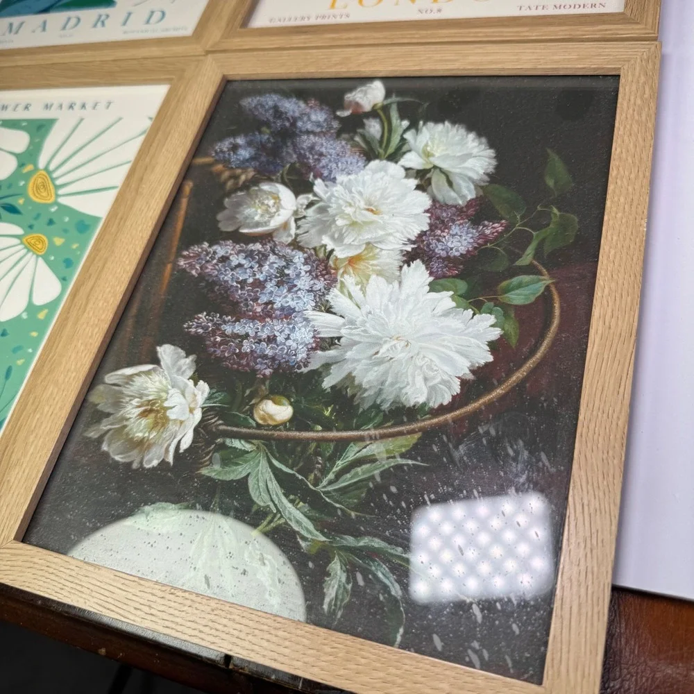 Room Essentials Thin‎ Wood Grain Photo Frames 8x10 Set of 6 w/ Floral Art Prints